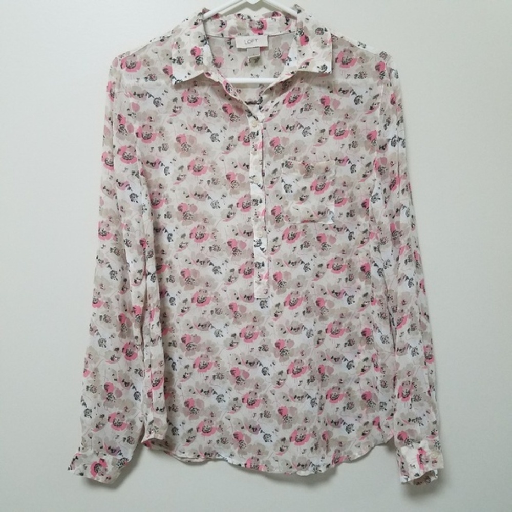 LOFT | Pink Floral Sheer Button Down Shirt S
